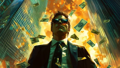Confident businessman stands tall as money drifts through city sky
