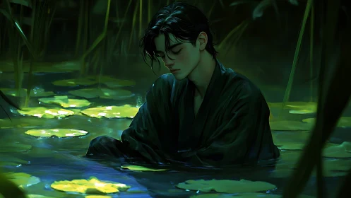 Young man sits immersed in green-lit pond among lily pads