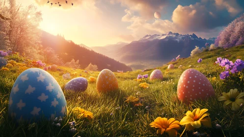 Easter eggs glow across dreamy alpine spring meadow at dawn.