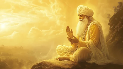 Luminous meditative elder in golden atmospheric depth field.