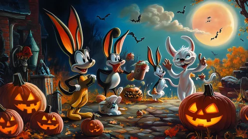 Cartoon rabbits celebrate Halloween under a glowing harvest moon