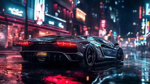 Neon-lit supercar glows on wet cyberpunk city street.