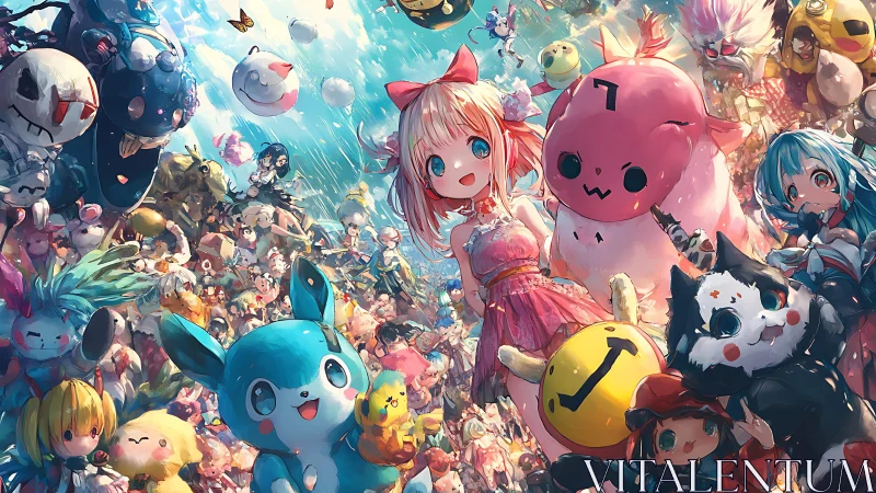 High-density anime mascot swarm with central magical girl focus.