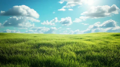 Sunlit green meadow under bright blue clouded sky.