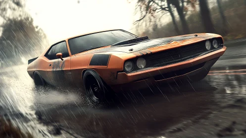 Orange muscle car cornering on wet forest road in rain.