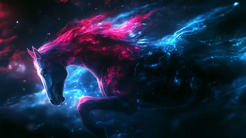 Nebula mane night-runner blazing across cosmic tides.
