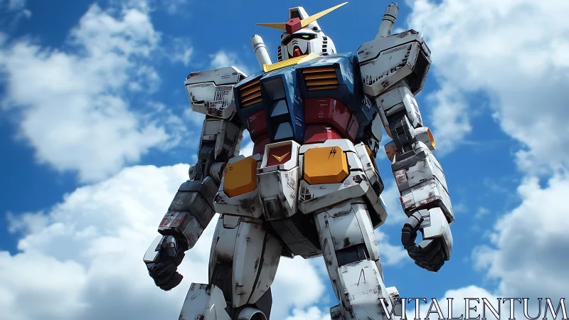 Monolithic mecha under dynamic low-angle sky perspective.