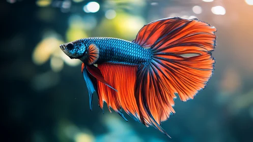 Radiant betta fish with flowing red fins in bokeh water.