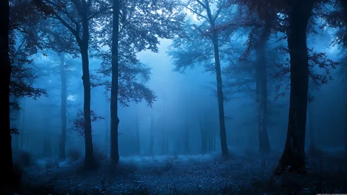 Forest corridor at twilight displays layered atmospheric depth.