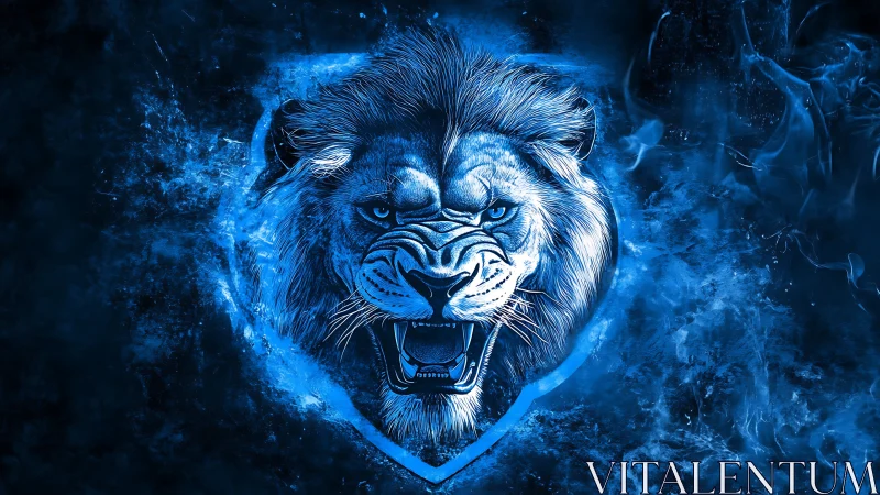 Roaring neon lion head emerging from electric blue smoke.
