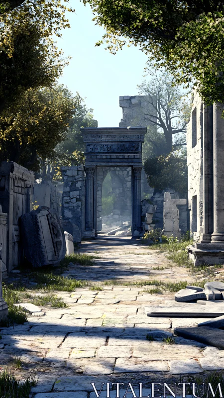 Photorealistic render of sunlit classical ruins corridor scene.