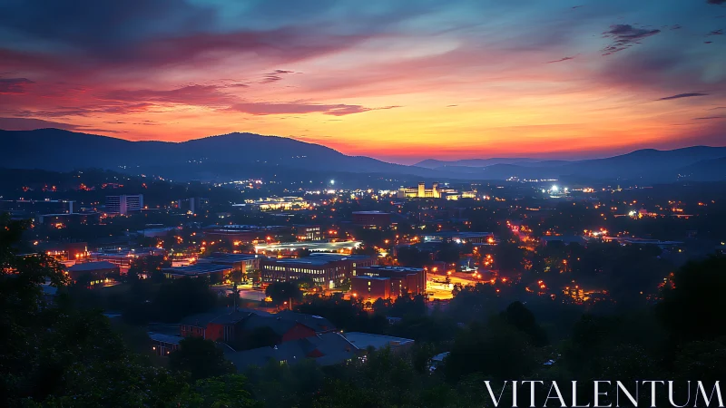 City lights under layered sunset sky over distant hills.