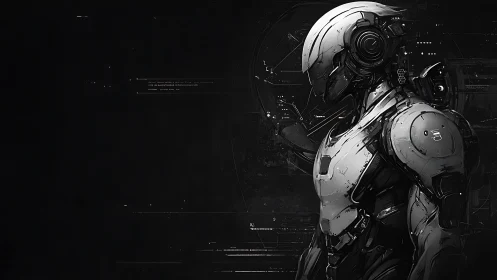 Monochrome armored android profile with segmented exoskeletal plating