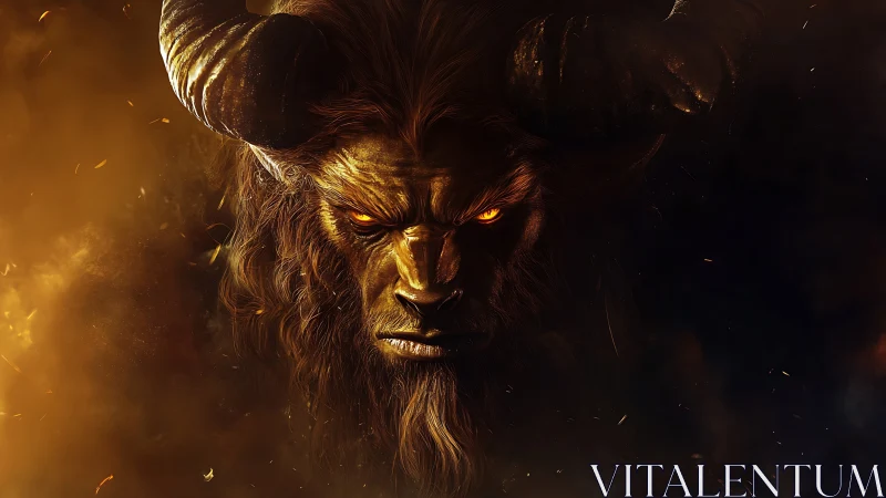 Demonic horned beast emerges from burning shadowed void.