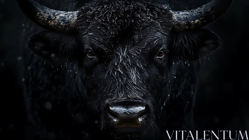 Low key frontal portrait of wet black bull with curved horns