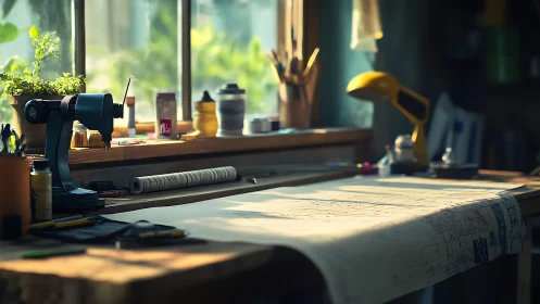 Designer's Sunlit Workshop: Where Creativity Unfurls by Golden Light