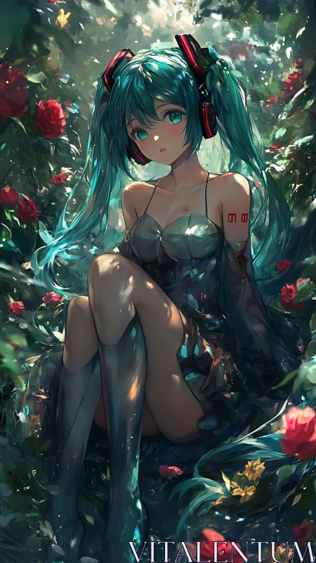 Forest daydream with teal haired girl and glowing roses.
