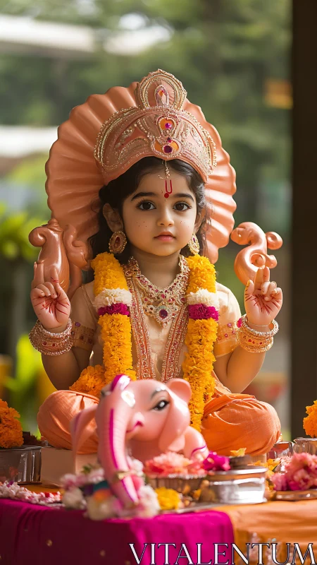 Child in ornate Ganesha costume with floral garlands and props