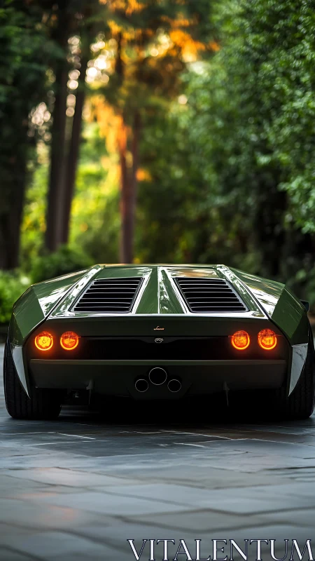 Low-slung green wedge supercar with quad exhaust and rear LED lamps