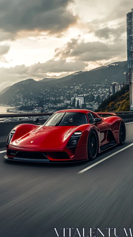 Scarlet supercar streaks through coastal skyline dusk dream.