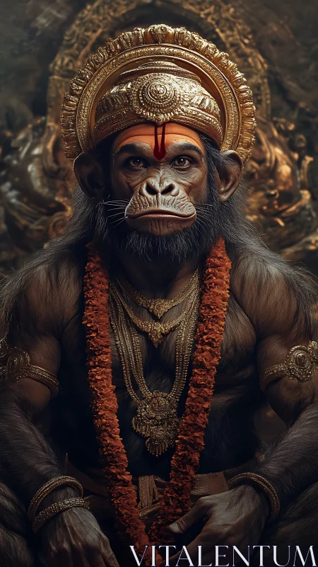 Divine simian warrior sits crowned in radiant gold armor