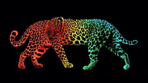 Neon gradient feline figure on black background.