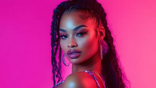 Neon-gradient portrait in hyper-polished beauty lighting.