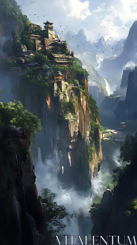 Mist-kissed cliffside temple village welcomes the high peaks