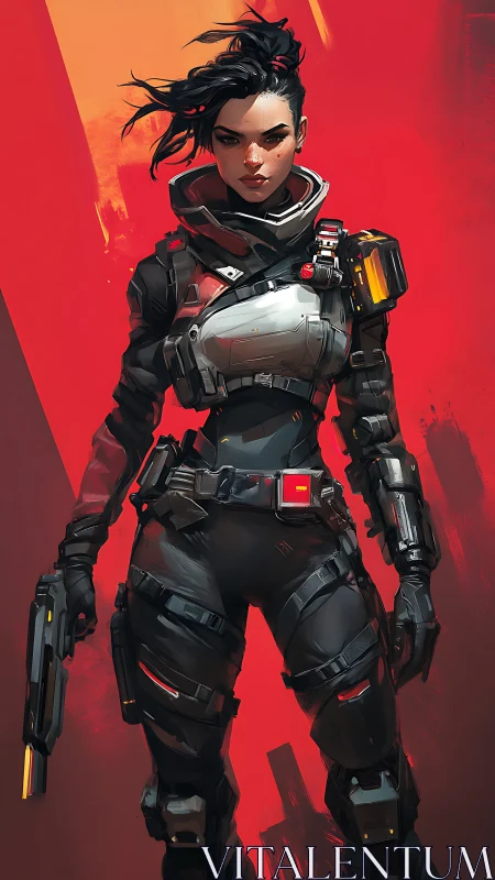 Futuristic female soldier in black tactical armor on red field.