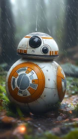 Photorealistic spherical droid portrait in rainy forest setting.