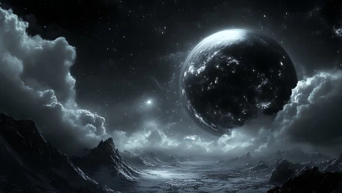 Dark exoplanet over frozen mountain landscape under stars.