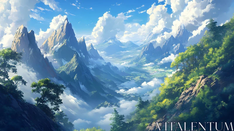 Sunlit alpine mountains rise above luminous valley clouds.