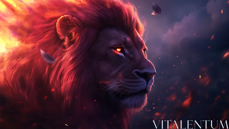 Fiery-maned lion gazes calmly through swirling embers