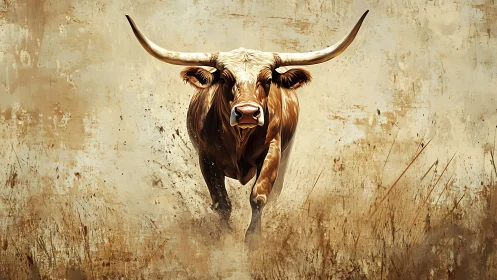 Digital painting of charging longhorn bull on textured field.