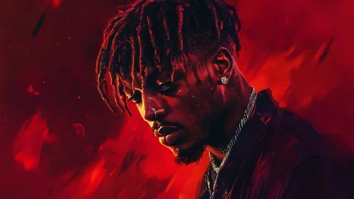 Moody digital portrait in crimson tonal color field lighting.