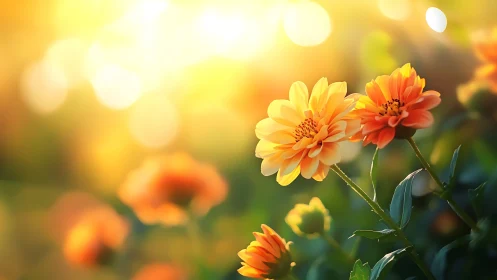 Dahlia Flowers in Soft Golden Light with Blurred Background