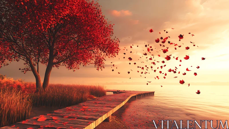 Autumn Serenity by Glowing Lakeside. Digital landscape art.