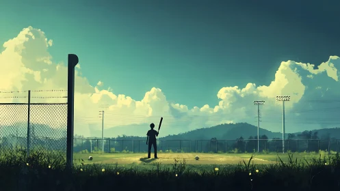 Silhouetted youth with bat on empty field under clouded sky.