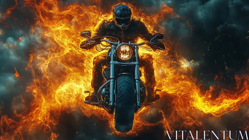 Blazing motorcycle rider charges forward through roaring flames
