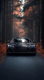 Midnight sports car gliding through a fiery autumn forest.