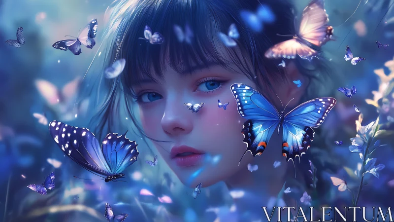 Ethereal girl portrait with luminous blue butterflies.