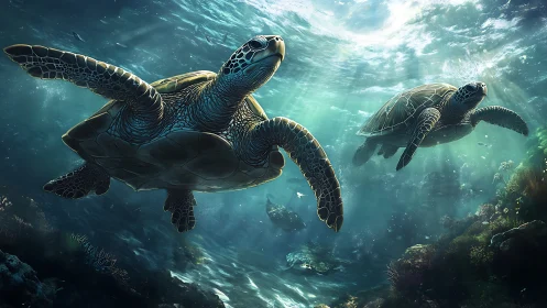 Graceful sea turtles glide through sunlit ocean waters