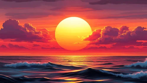 Digital painting seascape with radiant sunset sphere composition.