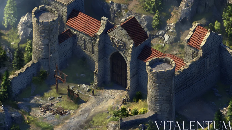 Stone fortress gate with red roofs in rocky landscape.