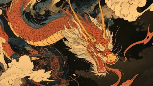 Coiled red dragon surges through stylized smoke in dynamic profile