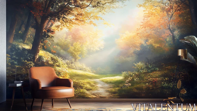 Interior wall mural with forest landscape and armchair.