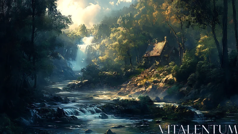 Cascading Waterfall Through Ancient Forest Canopy with Architectural Dwelling