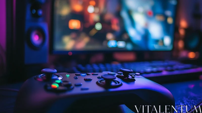 Neon-lit gamepad dreaming before a blurred digital battlefield.