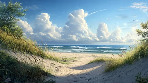 Soft dune path opens onto a calm, sunlit ocean view