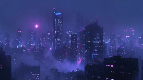 Neon mist metropolis under a violet synthetic moonrise.